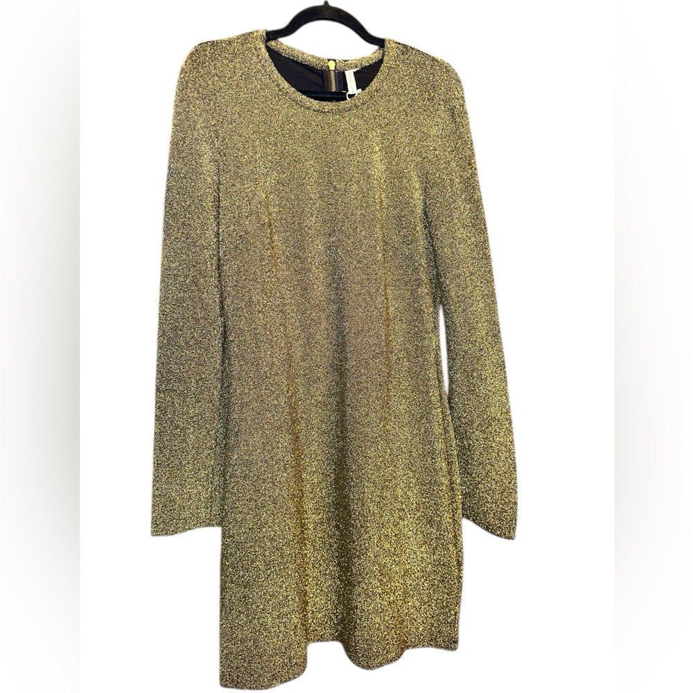 & Other Stories Metallic Gold Long-Sleeve Ribbed Mini Dress Party Holiday. 18”P
